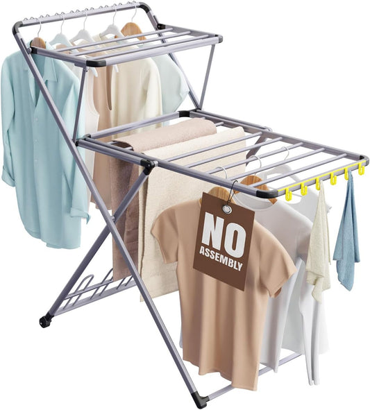 Clothes Drying Rack with Shoe Dryer | No Assembly | Metal Construction, Non-Slip Feet | 2 Level with Hooks | Hidden Wheels | Foldable, Portable | Ideal for Laundry Room, Indoor & Outdoor