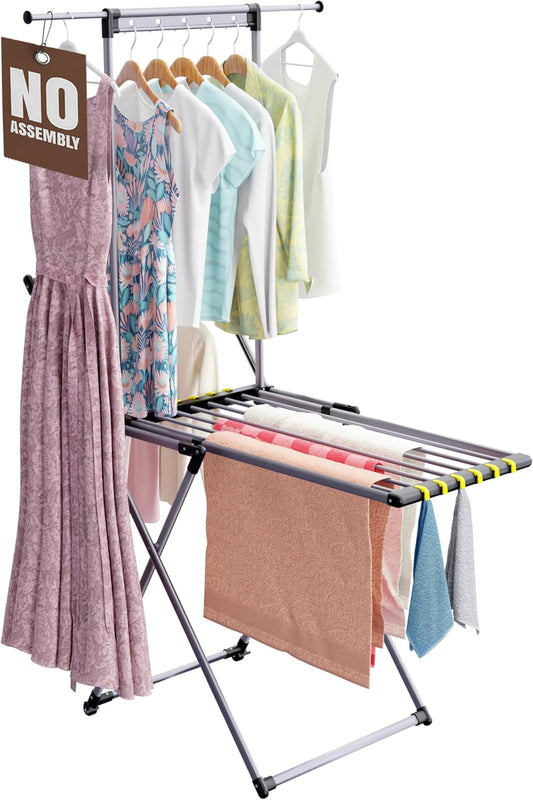 Clothes Drying Rack with Sock Clip | No Assembly | Telescopic Hanging Rod for Long Clothing | Metal Construction, Non-Slip Feet | Hidden Wheels | Foldable, Portable |For Laundry Room, Indoor & Outdoor