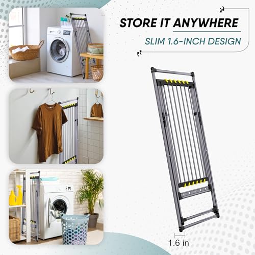 Clothes Drying Rack with Sock Clip | No Assembly | Telescopic Hanging Rod for Long Clothing | Metal Construction, Non-Slip Feet | Hidden Wheels | Foldable, Portable |For Laundry Room, Indoor & Outdoor