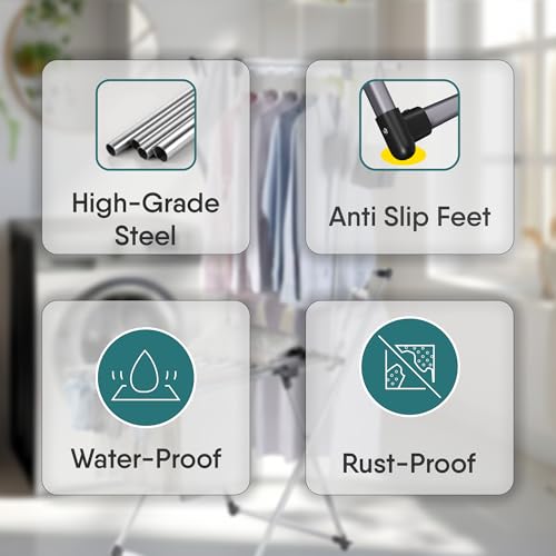 Clothes Drying Rack with Sock Clip | No Assembly | Telescopic Hanging Rod for Long Clothing | Metal Construction, Non-Slip Feet | Hidden Wheels | Foldable, Portable |For Laundry Room, Indoor & Outdoor