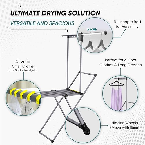 Clothes Drying Rack with Sock Clip | No Assembly | Telescopic Hanging Rod for Long Clothing | Metal Construction, Non-Slip Feet | Hidden Wheels | Foldable, Portable |For Laundry Room, Indoor & Outdoor