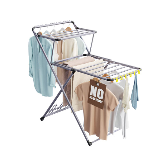 Clothes Drying Rack with Shoe Dryer | No Assembly | Metal Construction, Non-Slip Feet | 2 Level with Hooks | Hidden Wheels | Foldable, Portable | Ideal for Laundry Room, Indoor & Outdoor