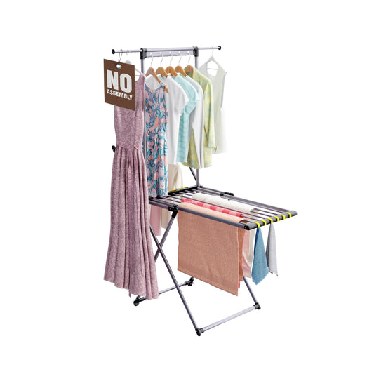 Clothes Drying Rack with Sock Clip | No Assembly | Telescopic Hanging Rod for Long Clothing | Metal Construction, Non-Slip Feet | Hidden Wheels | Foldable, Portable |For Laundry Room, Indoor & Outdoor